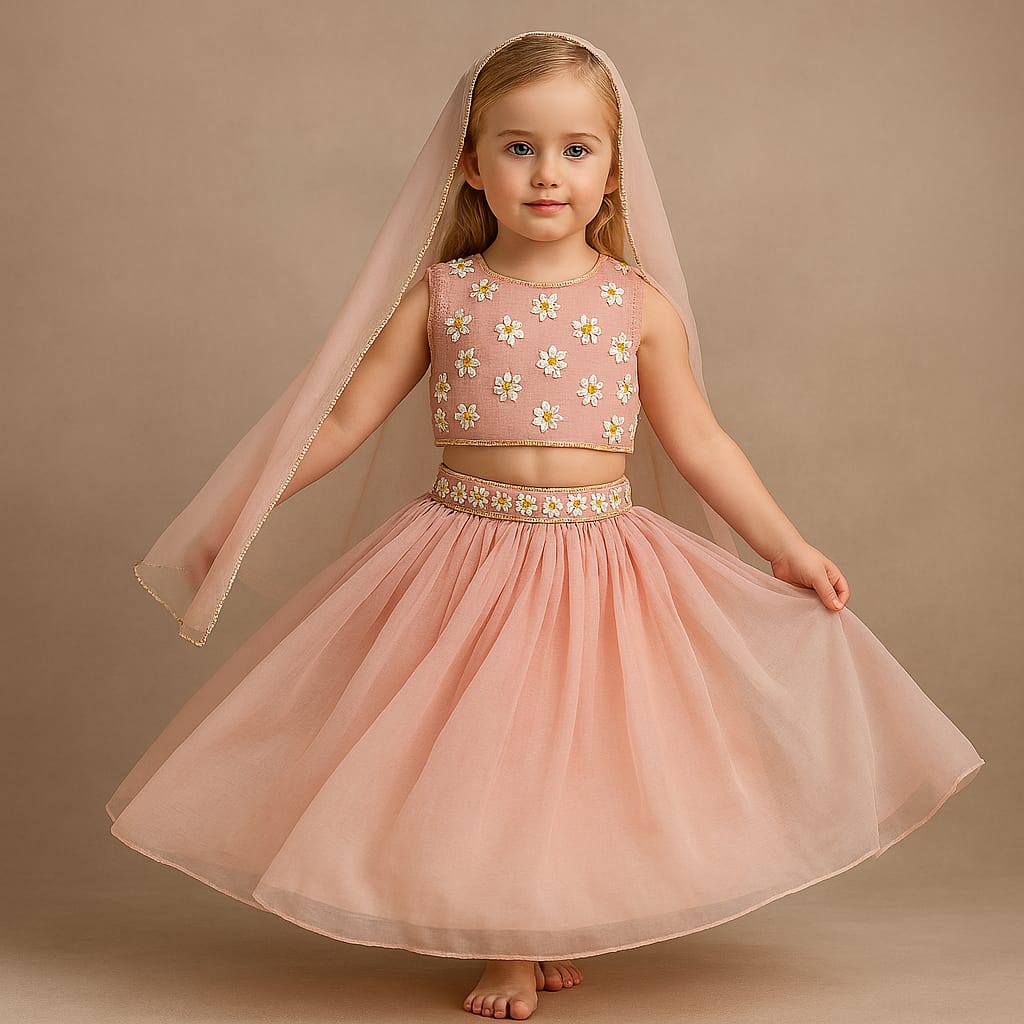 Pre Order: Floral Embroidered Stylish Back Pink Top And Lehenga