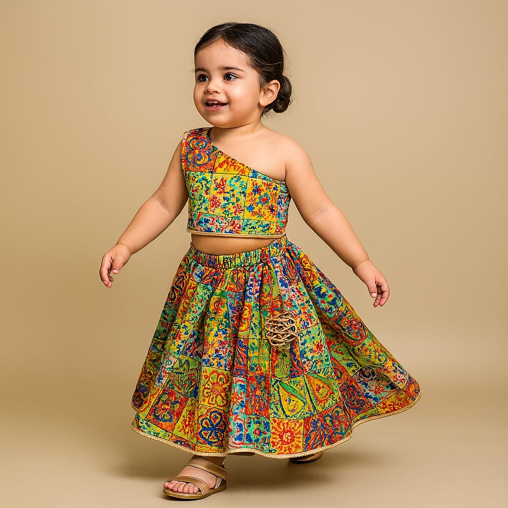 Pre Order: Multicolour Printed One Shoulder Top With Lehenga
