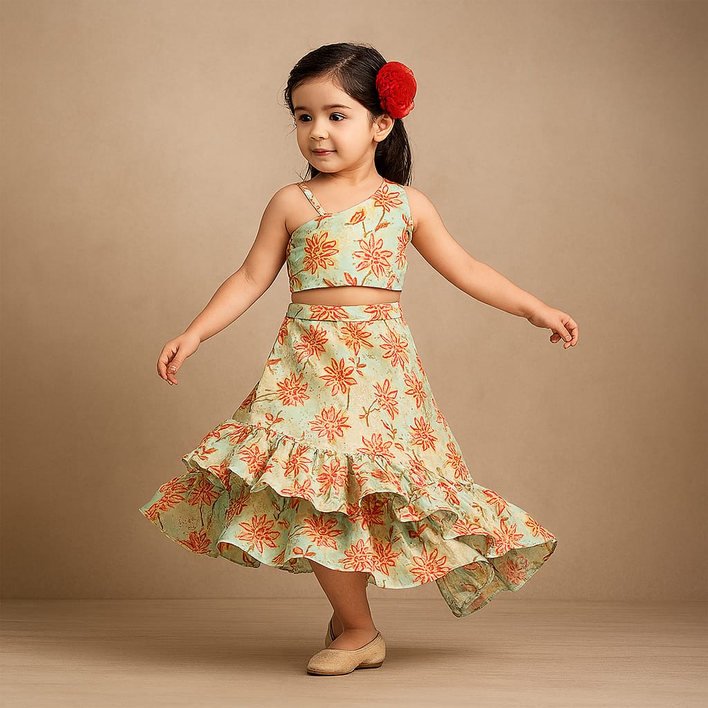 Pre Order: Floral Multicolour One Shoulder Top And High Low Stylish Lehenga