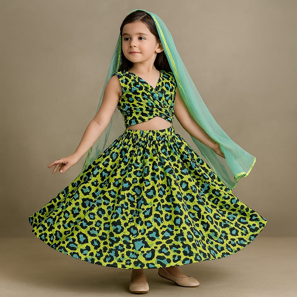 Pre Order: Animal Printed Fancy Pleated Crop Top And Lehenga With Dupatta