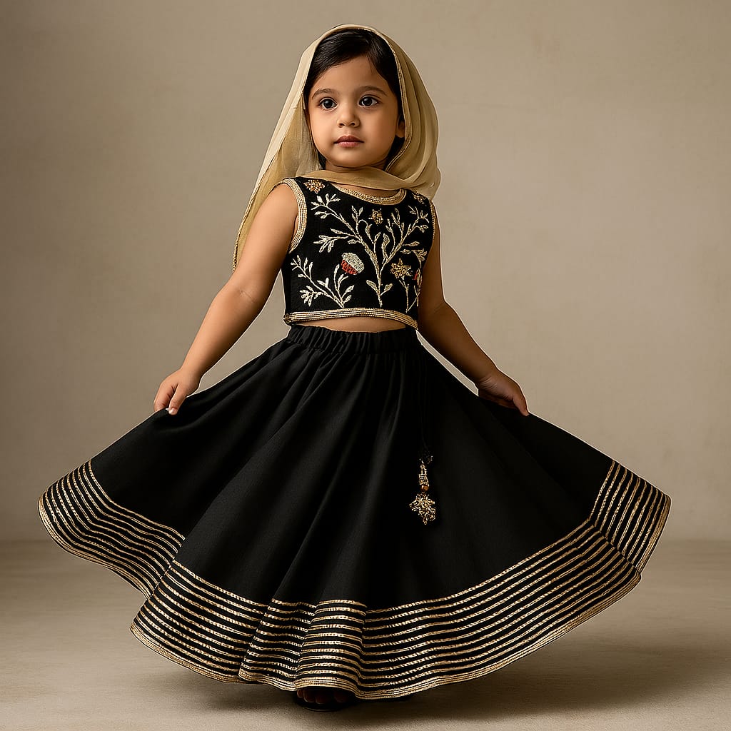 Pre Order: Elegant Pleated Black Top And Gota Lace Work Flared Lehenga With Beige Dupatta