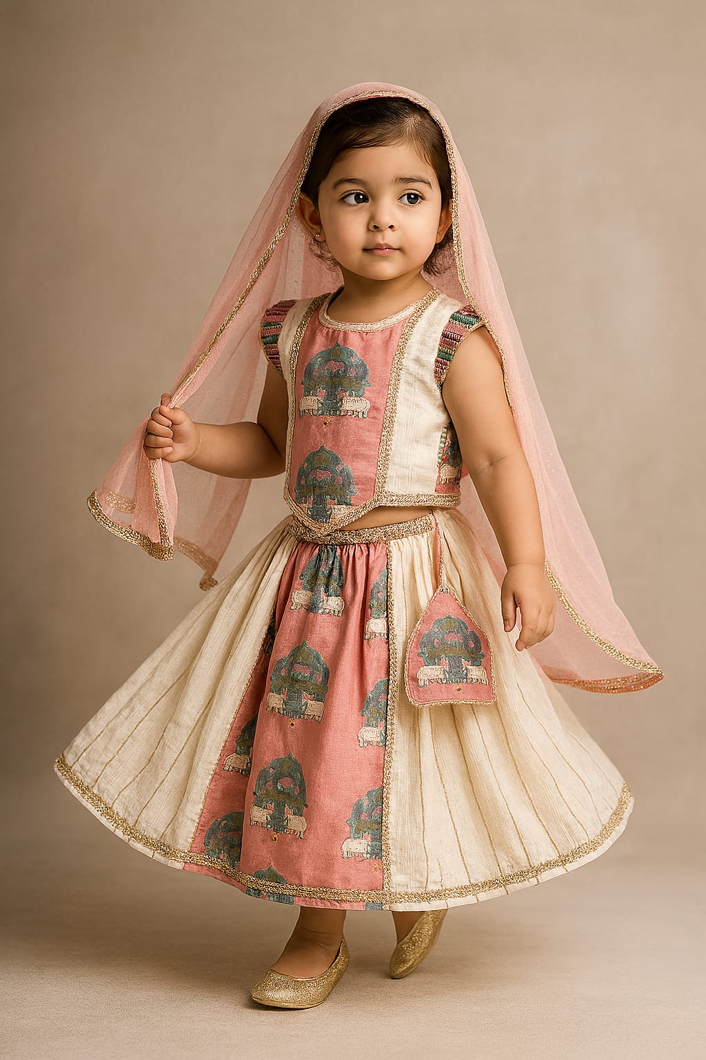 Pre Order: Off White Cow Printed Top And Lehenga With Net Dupatta And Mukut