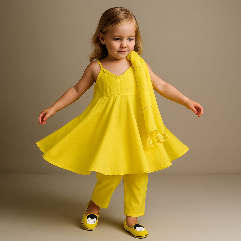 Pre Order: Beads Adorned Yellow Sleeveless Kurti And Pant With Dupatta