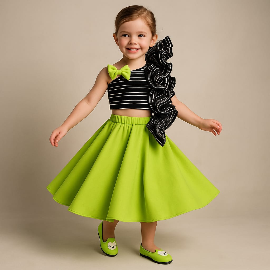 Pre Order: Ruffle Striped Black Top And Contrasting Green Skirt