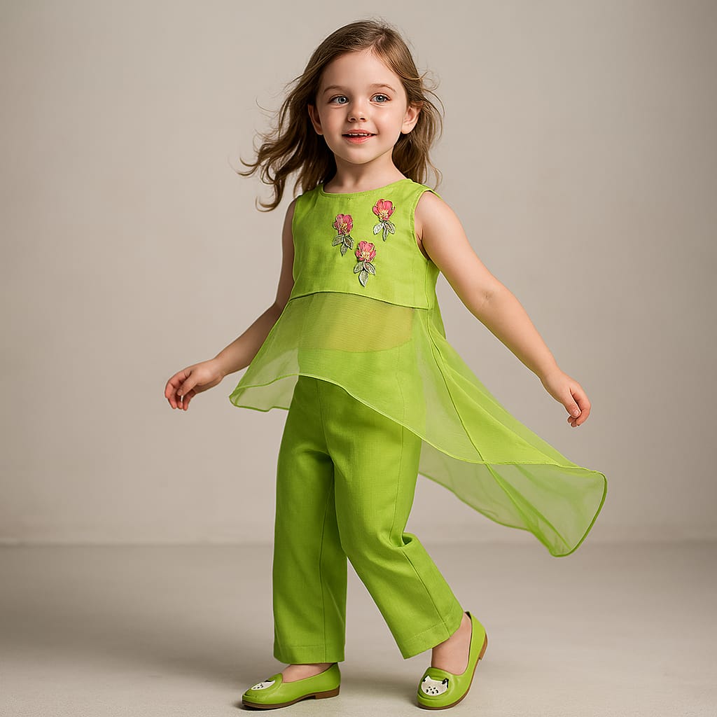 Pre Order: Asymmetric Hemline Green Top And Pant