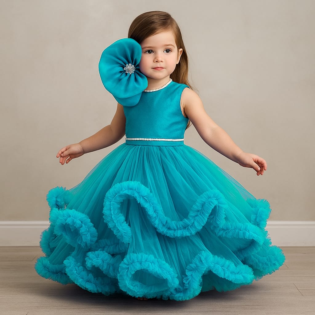 Pre Order: Fabulous Sky Blue Swirled Ruffle Layered Gown