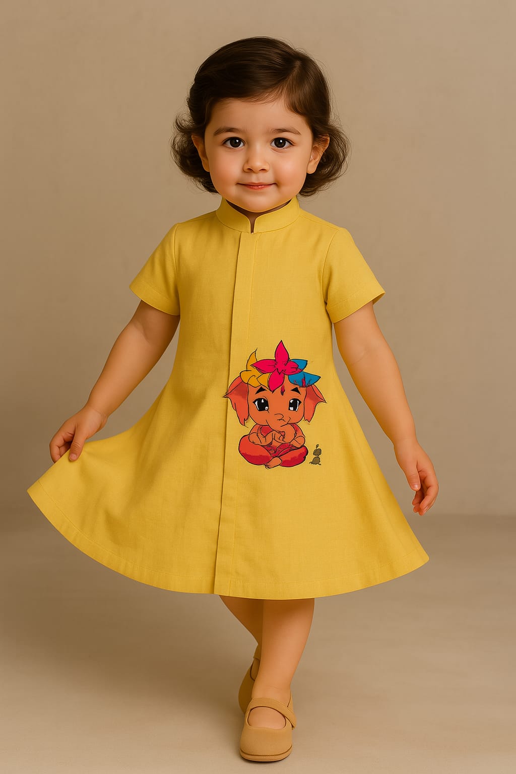 Pre Order: Cute Ganesh Hand Painted Yellow Dress