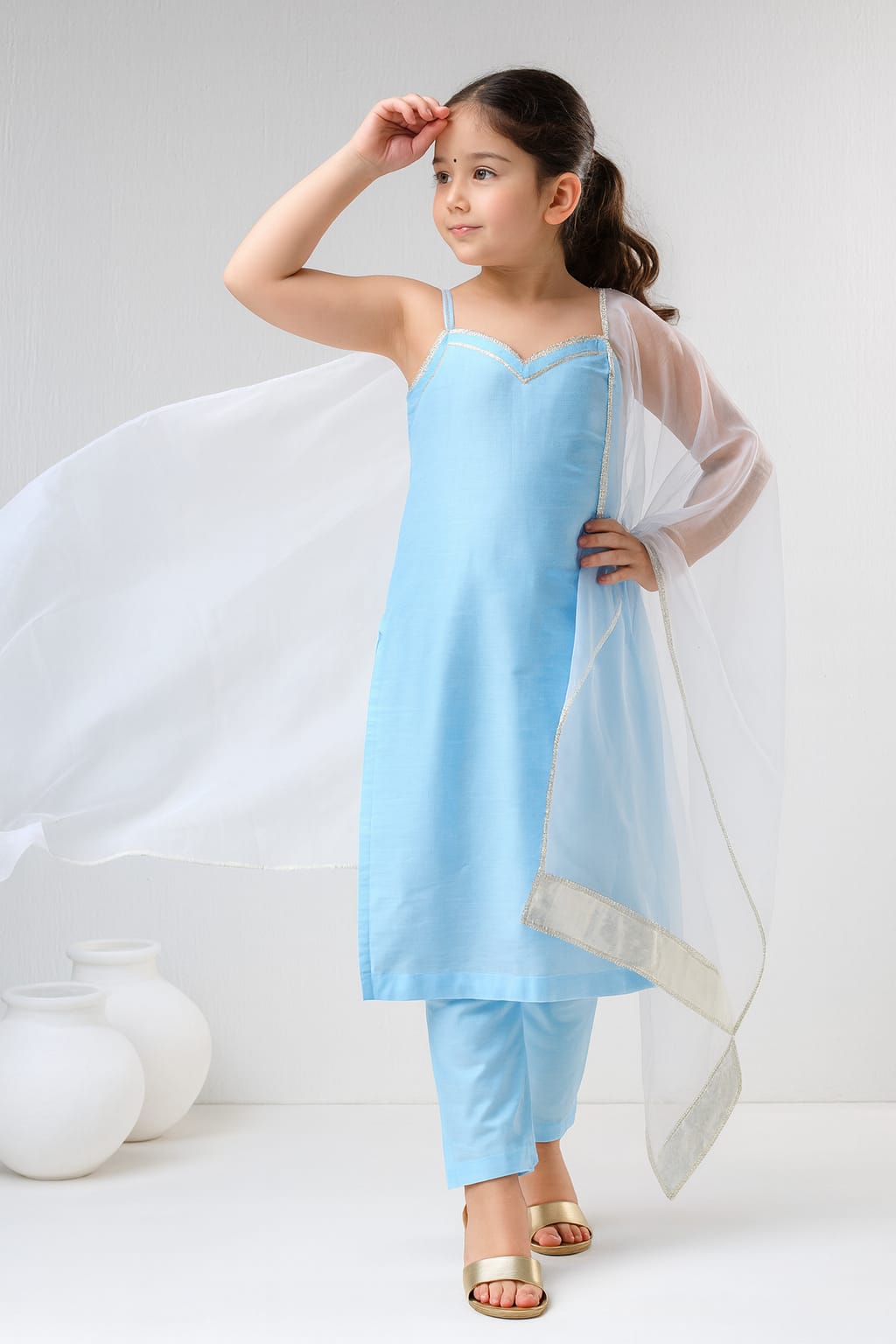 Pre Order: Blue Suit Set with White Dupatta and Detailing