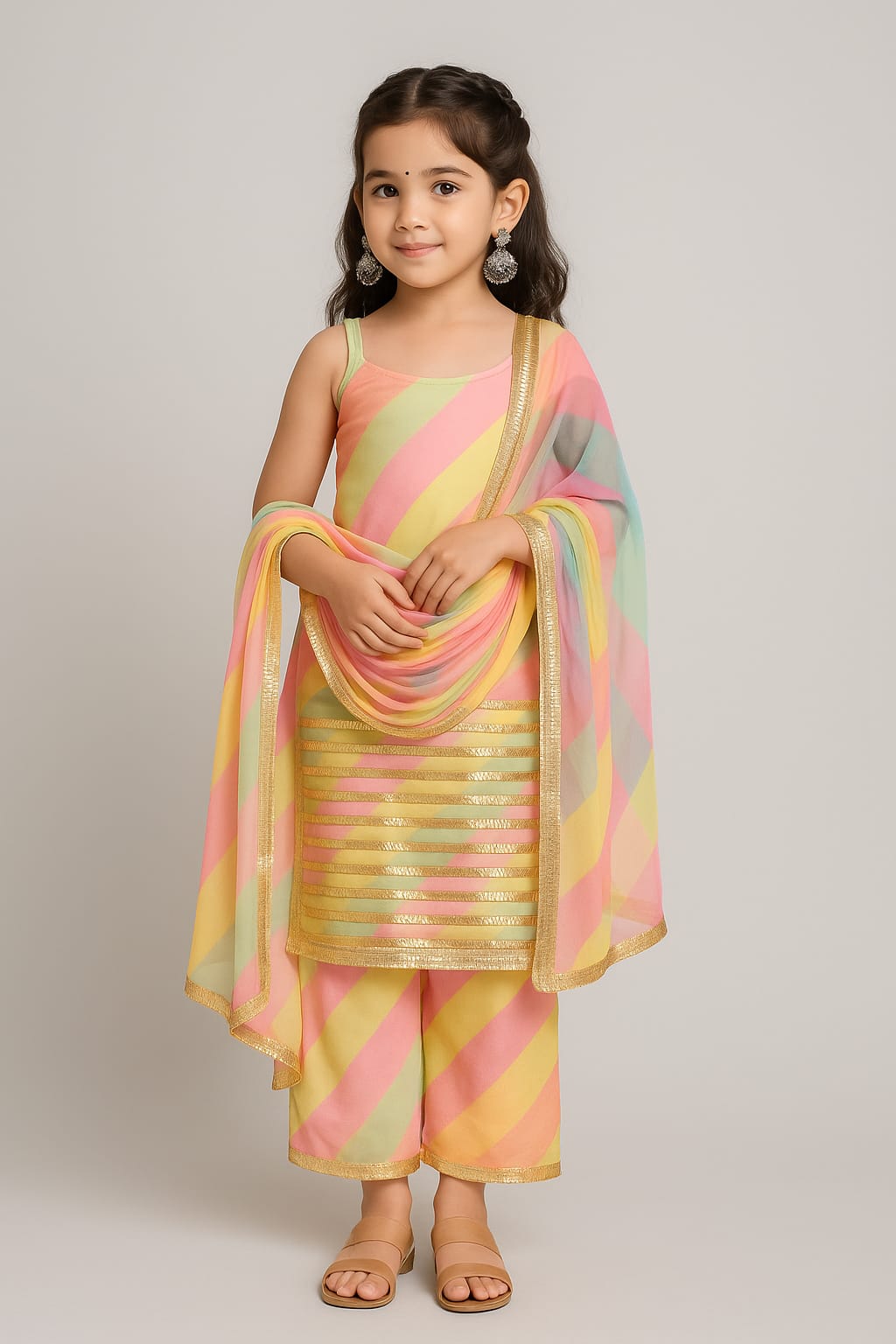 Pre Order: Multicolored Suit Set with Dupatta and Gota Detailing