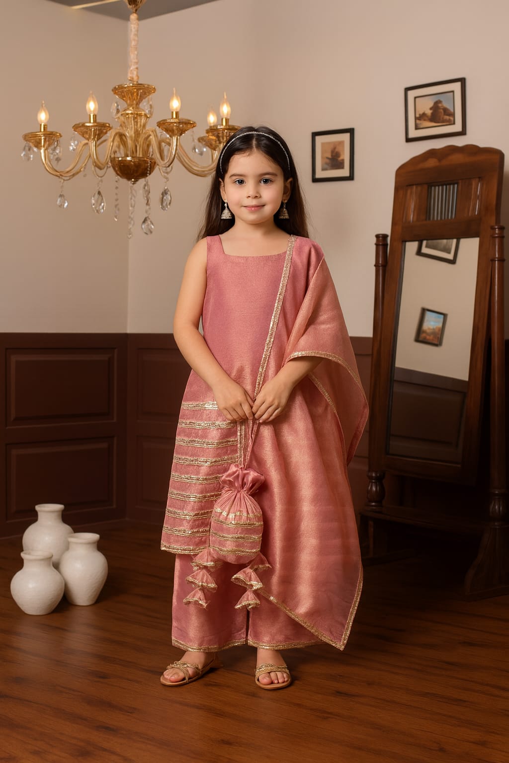 Pre Order: Pink Suit Set with Dupatta and Gota Detailing