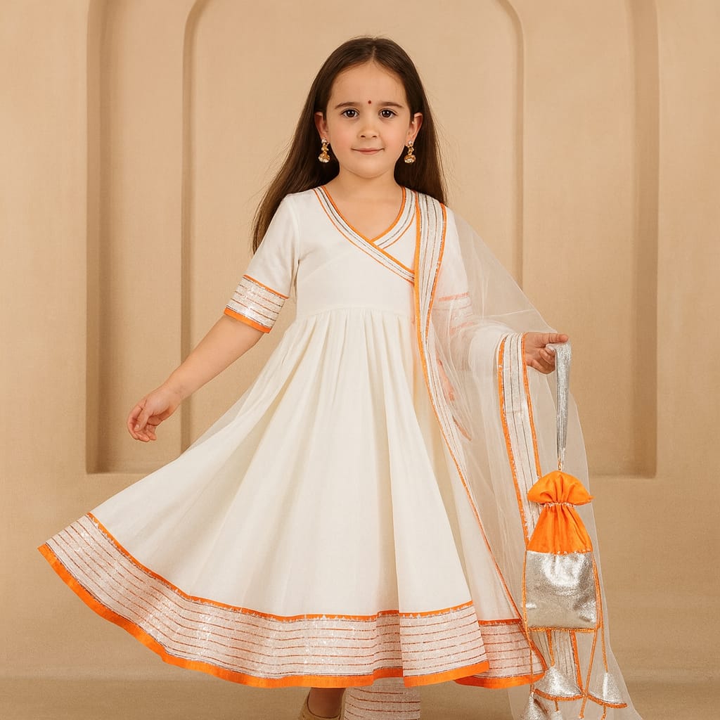 Pre Order: White Suit Set with Dupatta and Gota Detailing