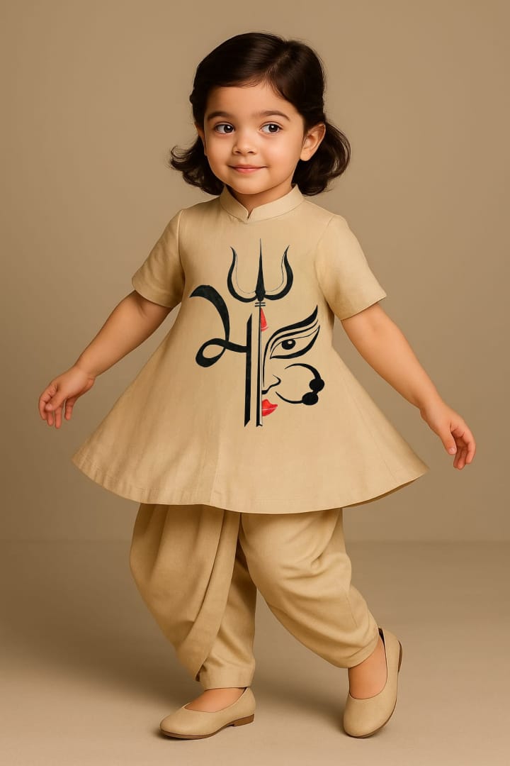 Pre Order: Mata Ji Trishool Beige Top And Dhoti