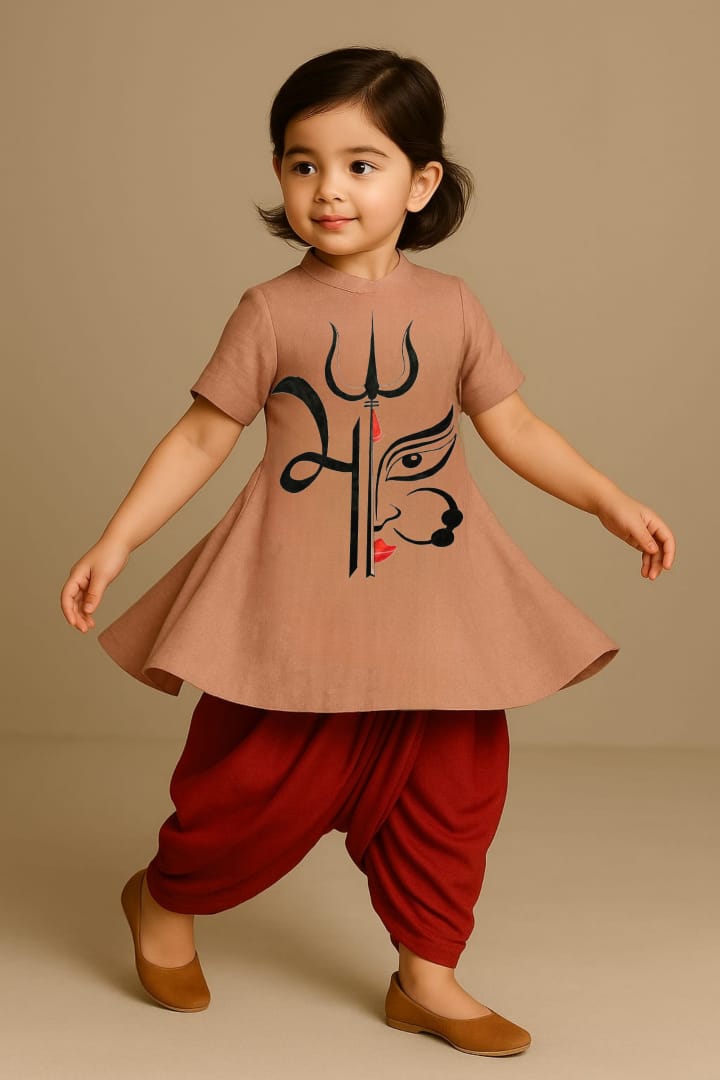 Pre Order: Mata Ji Trishool Peach Top And Red Dhoti