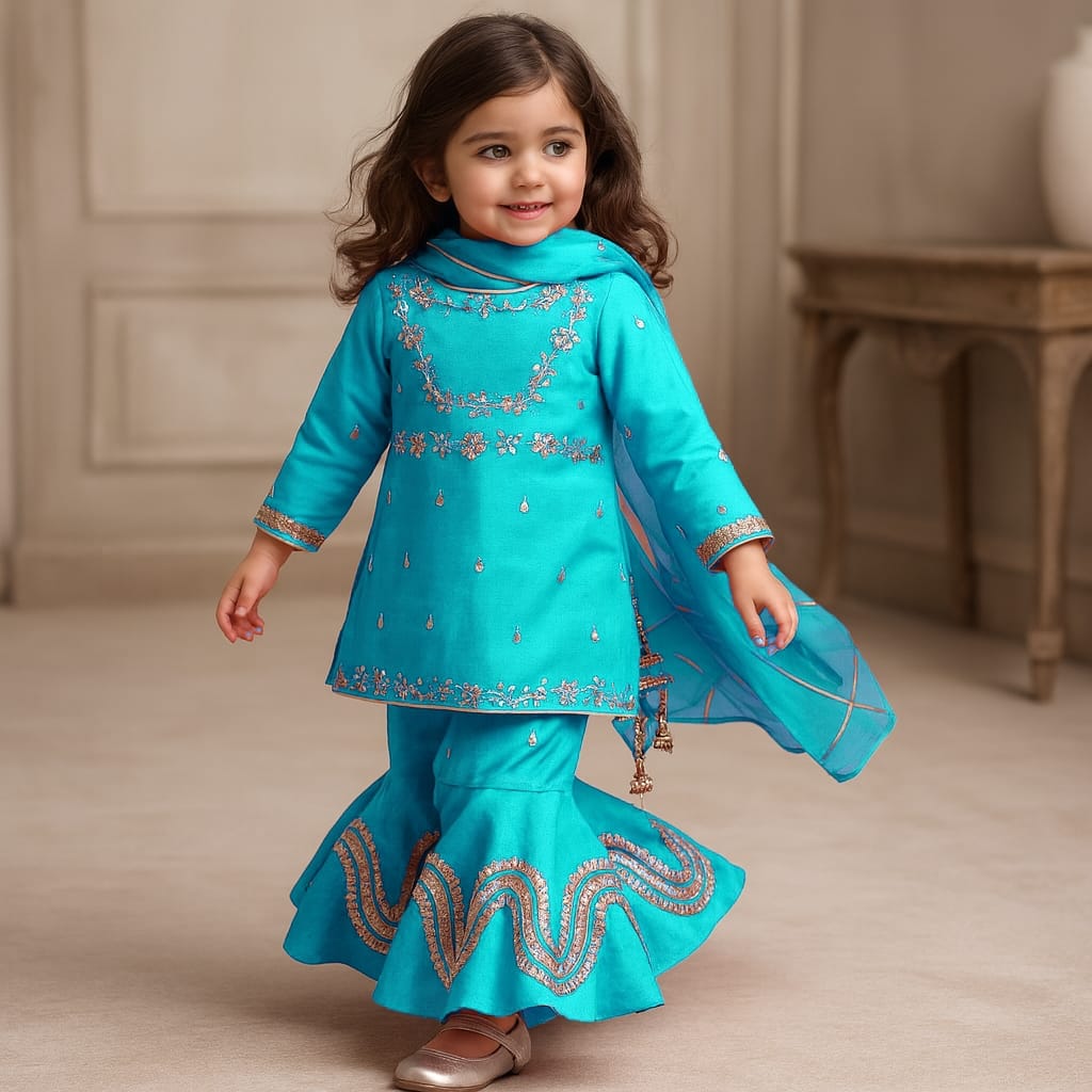 Pre Order: Gota Work Elegant Sky Blue Kurti And Sharara With Net Dupatta