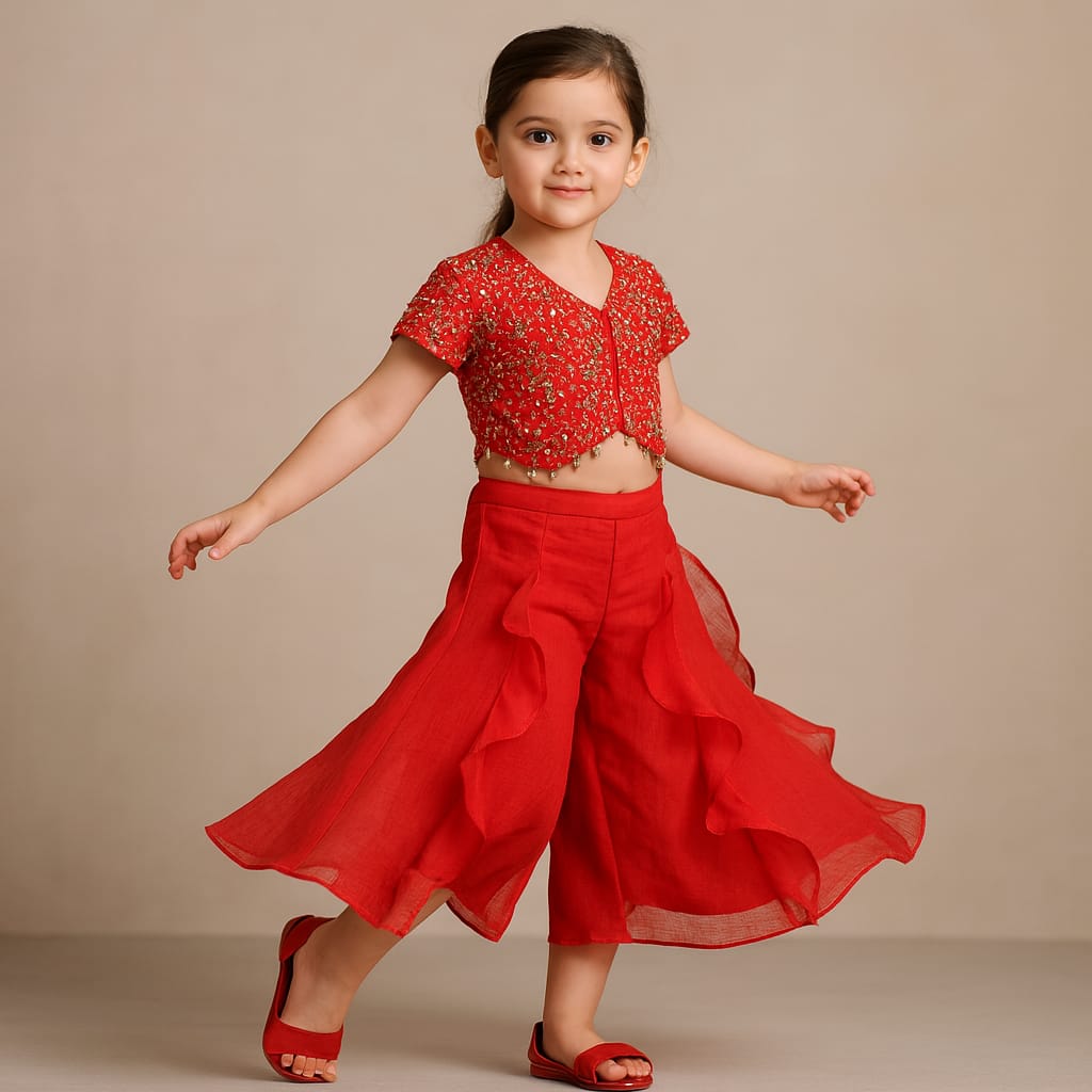 Pre Order: Red Embroidered And Embellished Top With Ruffled Palazzo