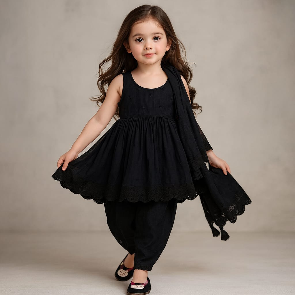 Pre Order: Sleeveless Beaded Yoke Black Kurti And Tulip Style Pant With Dupatta