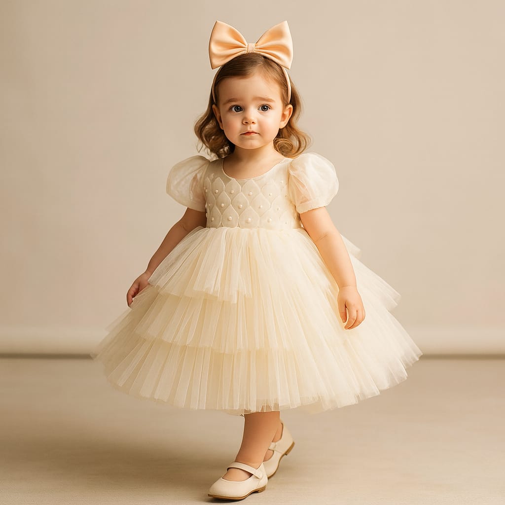 Pre Order: Lovely Peach Puff Sleeves Net Dress