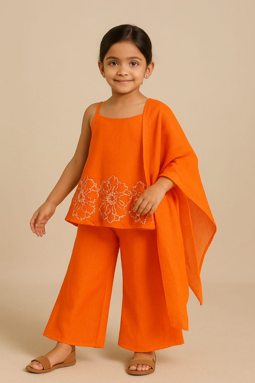 Pre Order: Orange Strappy Kurti With Palazzo And Dupatta