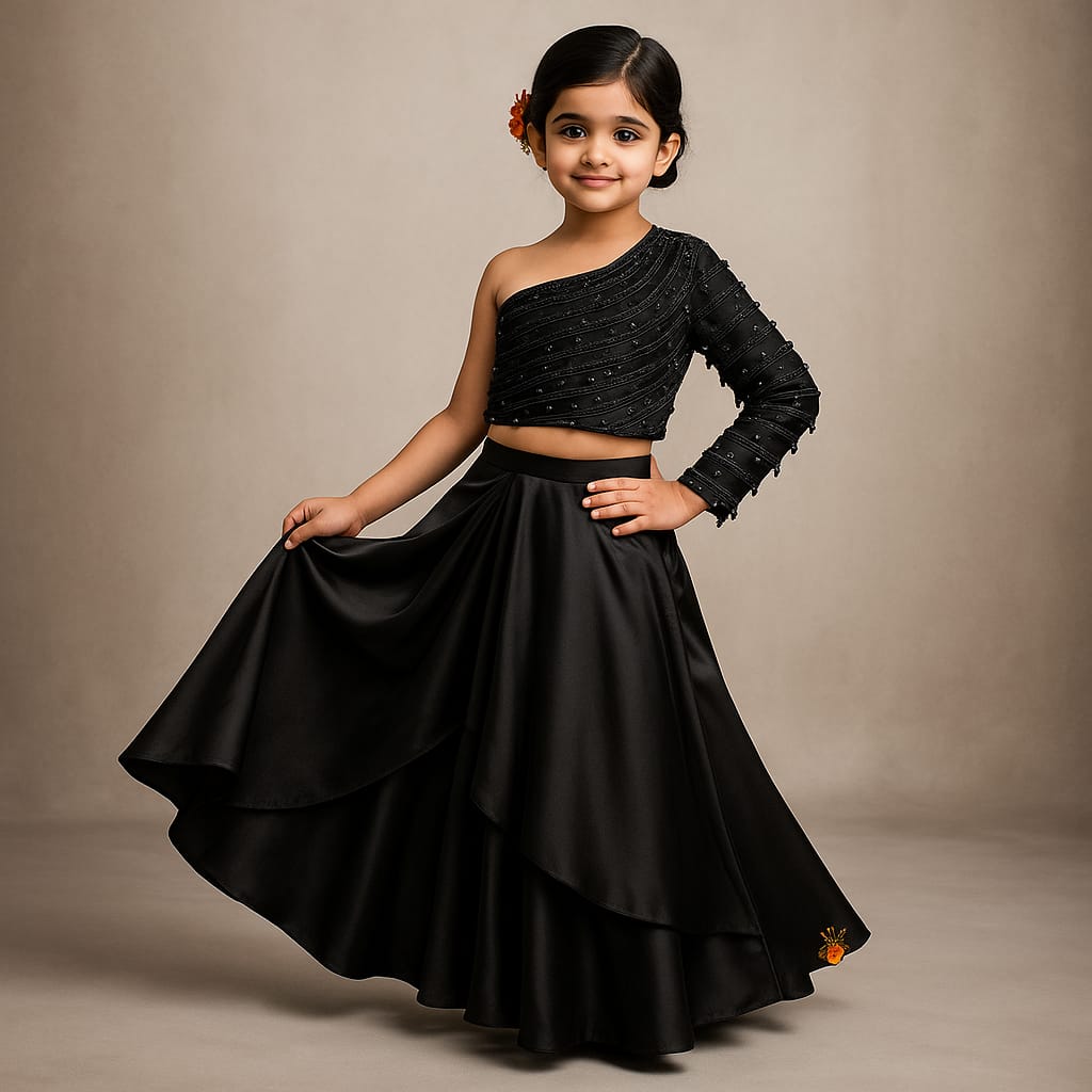 Pre Order: Black One Shoulder Top With Drape Style Skirt