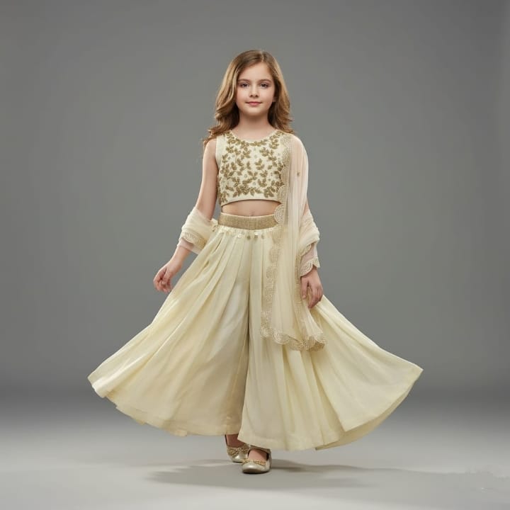 Pre Order: Shimmery Beige Embroidered Top With Palazzo And Dupatta