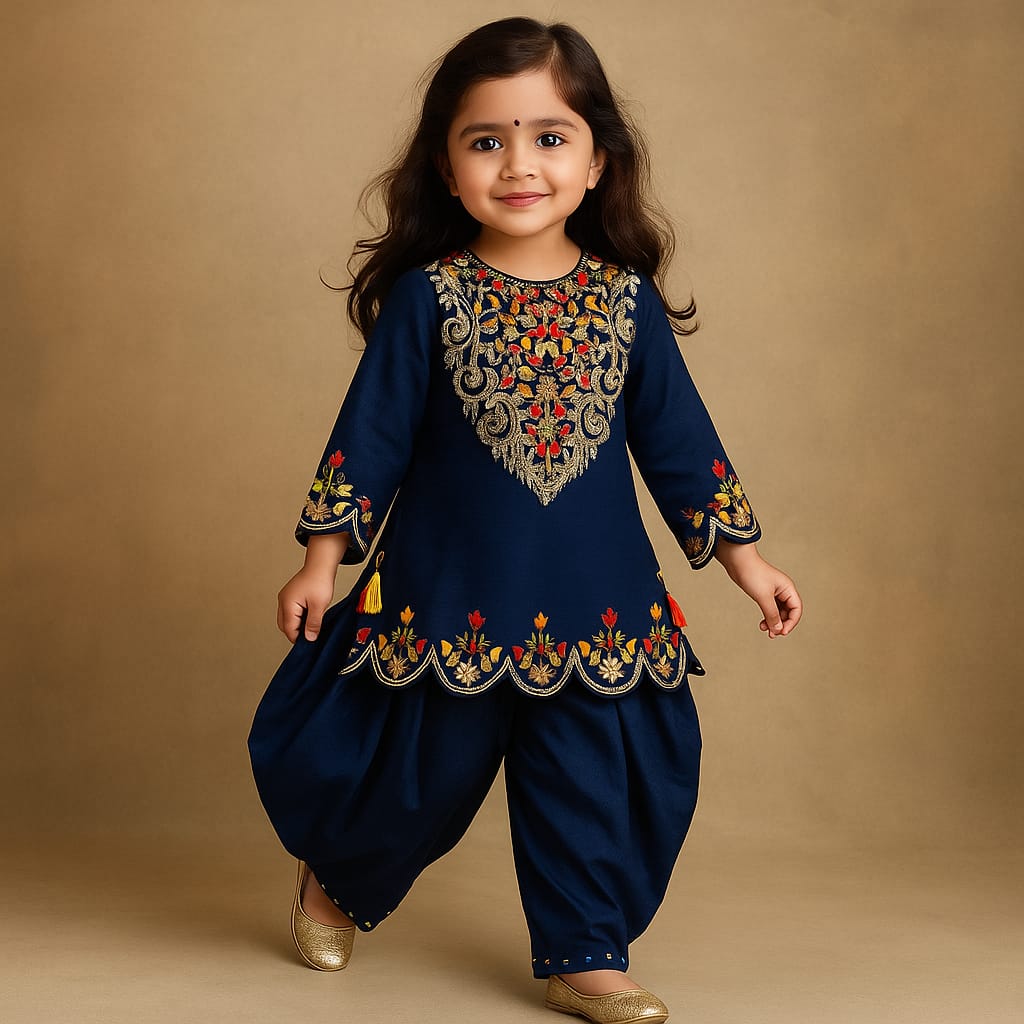 Pre Order: Blue Embroidered Kurti With Matching Dhoti