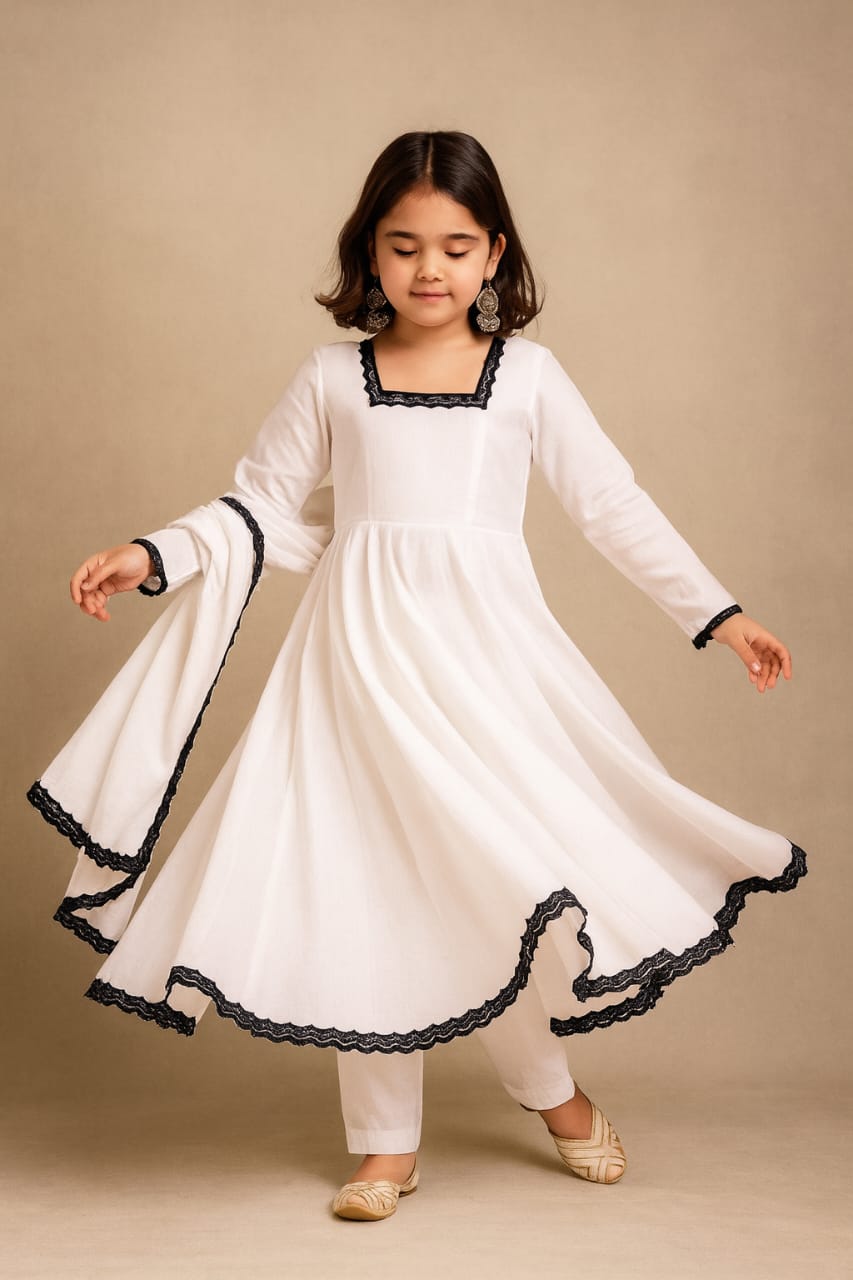 Pre Order: White Anarkali with Dupatta Lace Detailing