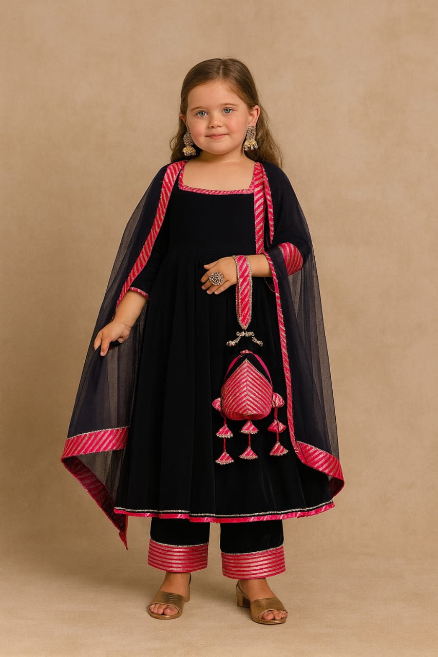Pre Order: Black Anarkali with Dupatta Pink Detailing