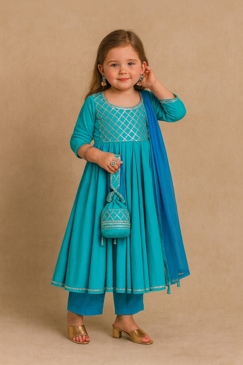 Pre Order : Sky Blue Anarkali with Dupatta Gota Detailing
