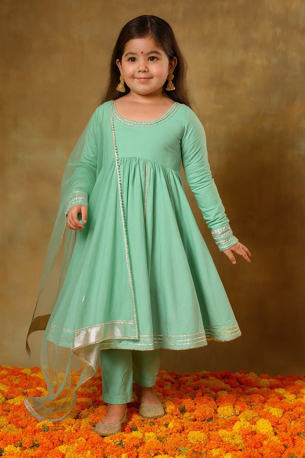 Pre Order:Mint Anarkali with Dupatta Gota Detailing