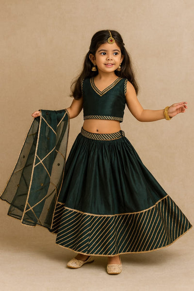 Pre Order: Bottle Green Gota Detailing Lehenga Set