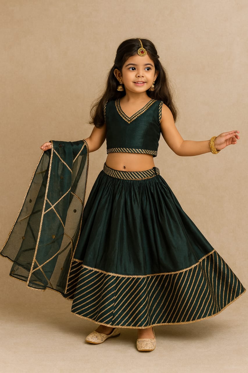 Pre Order: Bottle Green Gota Detailing Lehenga Set