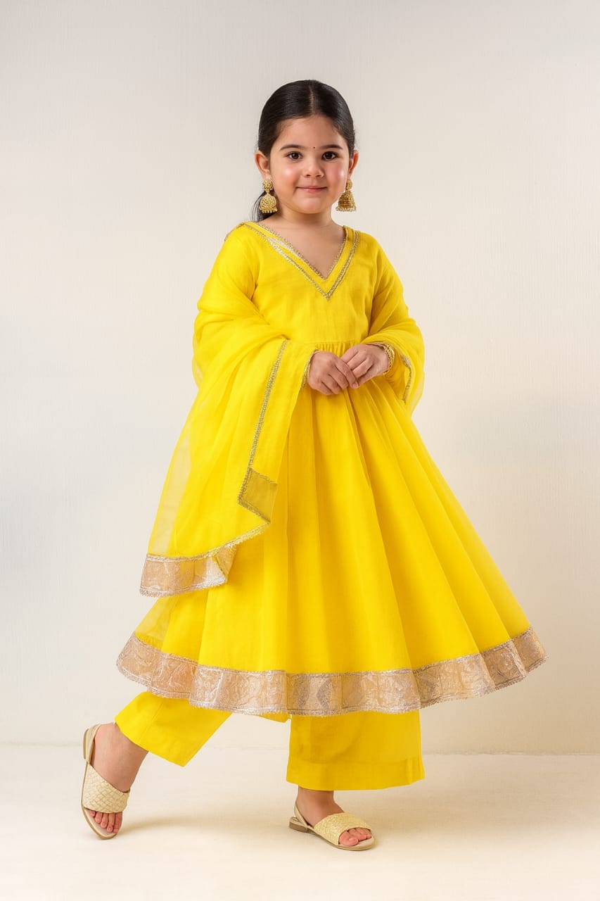 Pre Order: Yellow Anarkali with Dupatta Gota Detailing