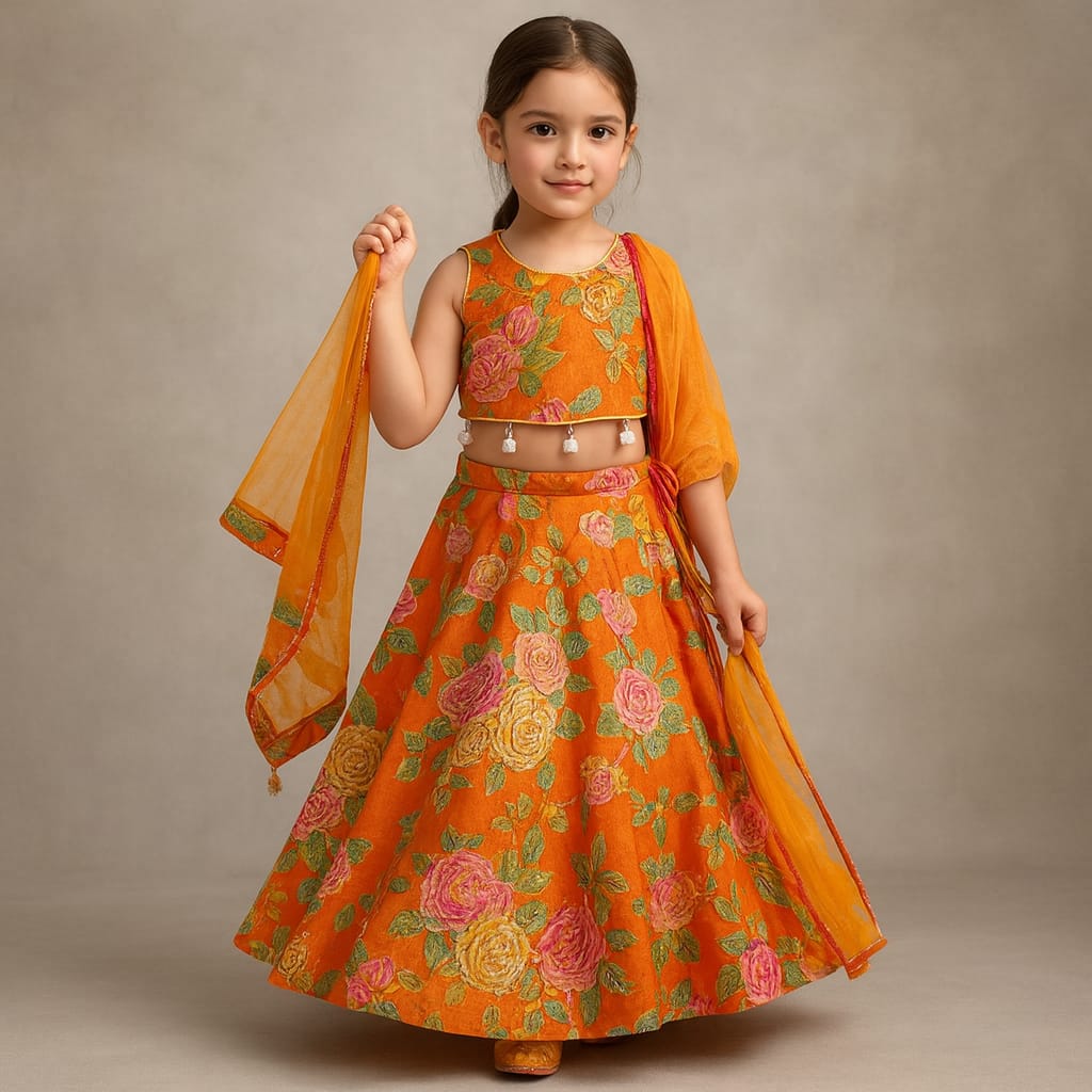 Pre Order: Elegant Orange Floral Printed Top With Lehenga And Dupatta