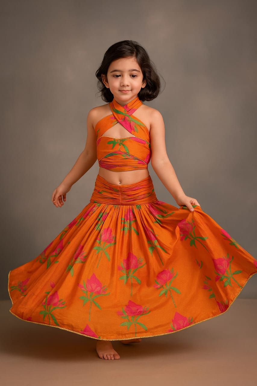 Pre Order: Stylish Drape-Detail Floral Printed Top And Lehenga