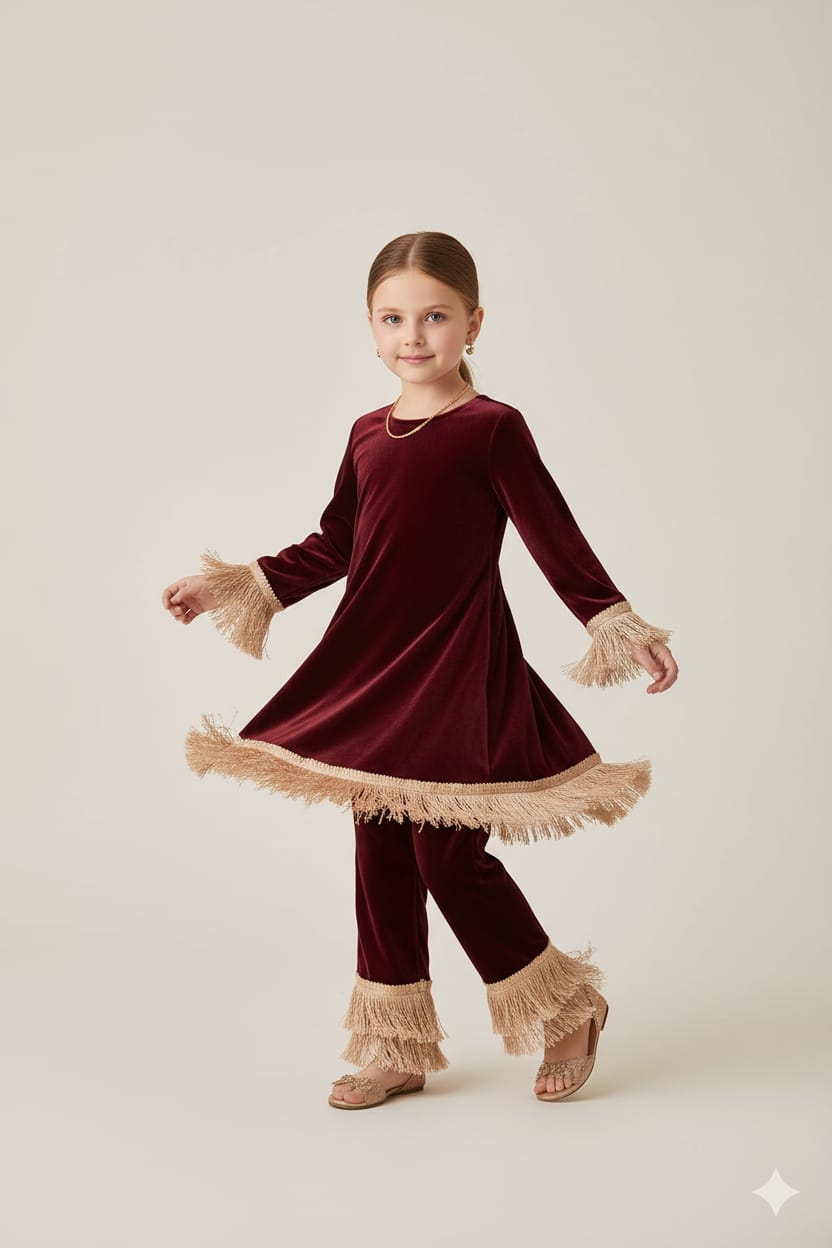 Pre Order: Maroon Velvet Lacs Detailing Suit Set