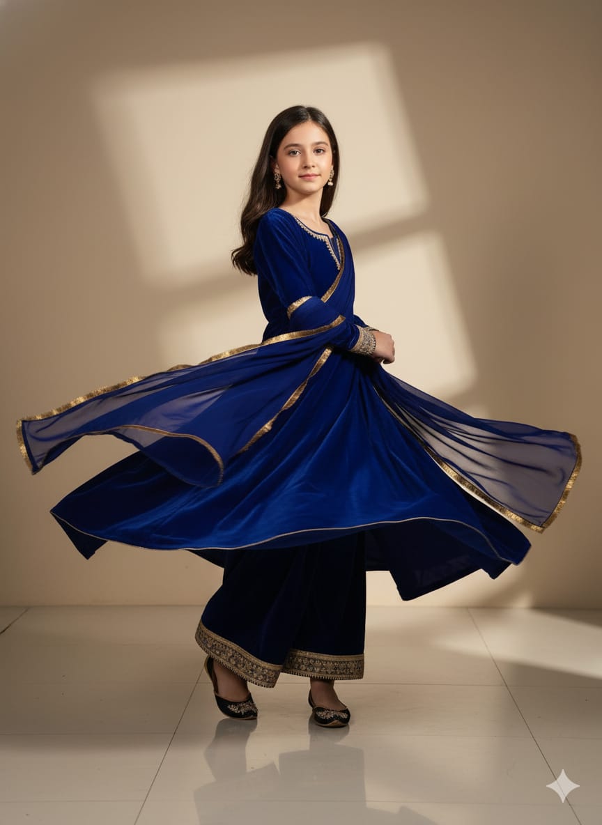 Pre Order: Royal Blue Velvet Anarkali Suit Set
