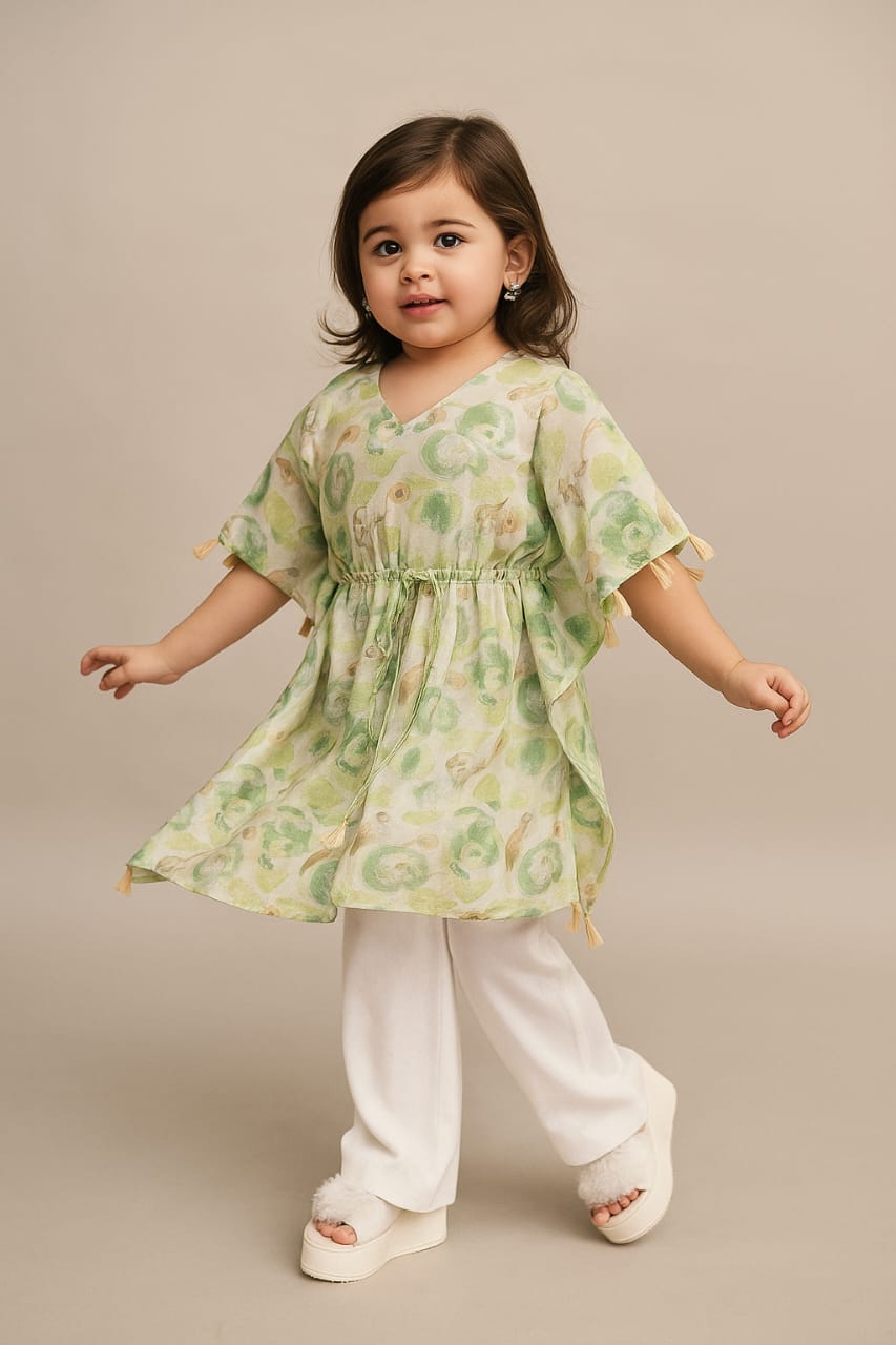 Pre Order: Olive Green Cow Printed Tassels Detailed Kaftan Coord Set