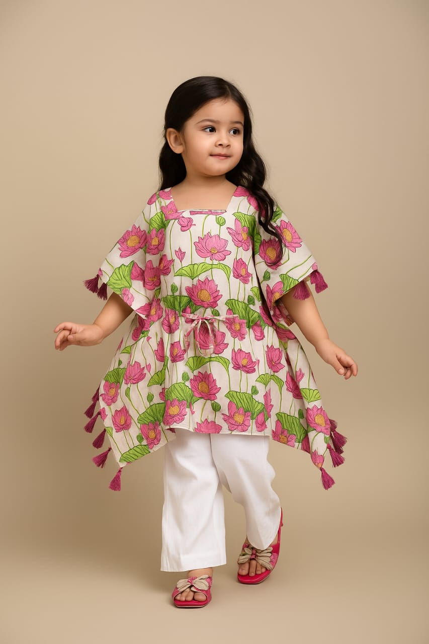 Pre Order: White Lotus Printed Tassels Detailed Kaftan Coord Set