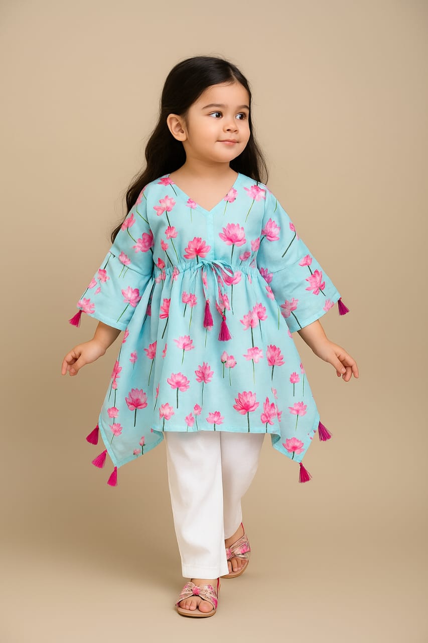 Pre Order: Pink and Sky Lotus Printed Tassels Detailed Kaftan Coord Set