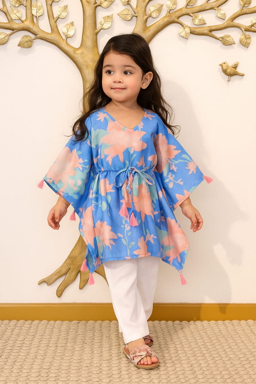 Pre Order: Pastel Abstract Printed Tassels Detailed Kaftan Coord Set