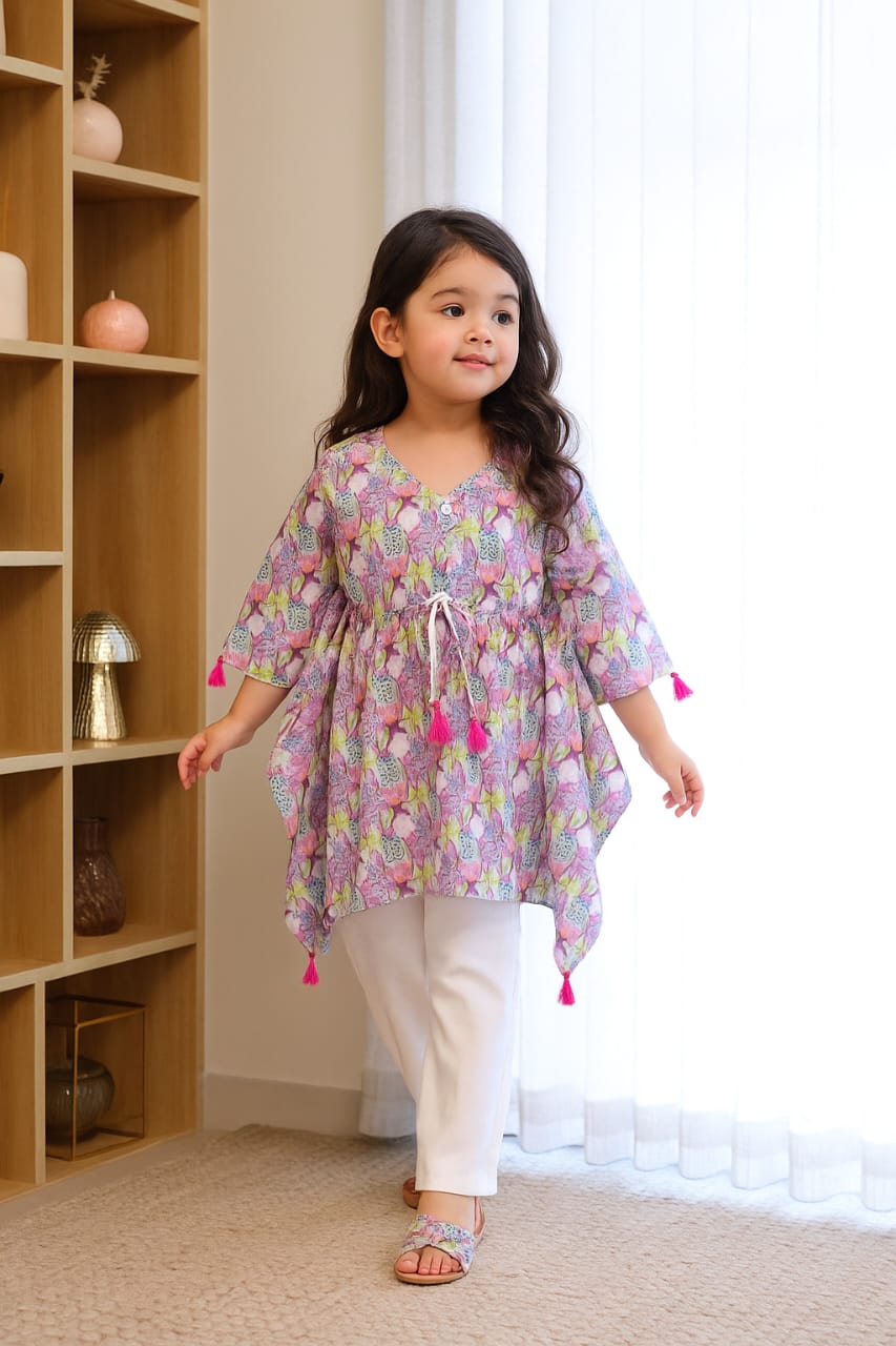 Pre Order: Dusky Multicolour Flower Printed Tassels Detailed Kaftan Coord Set