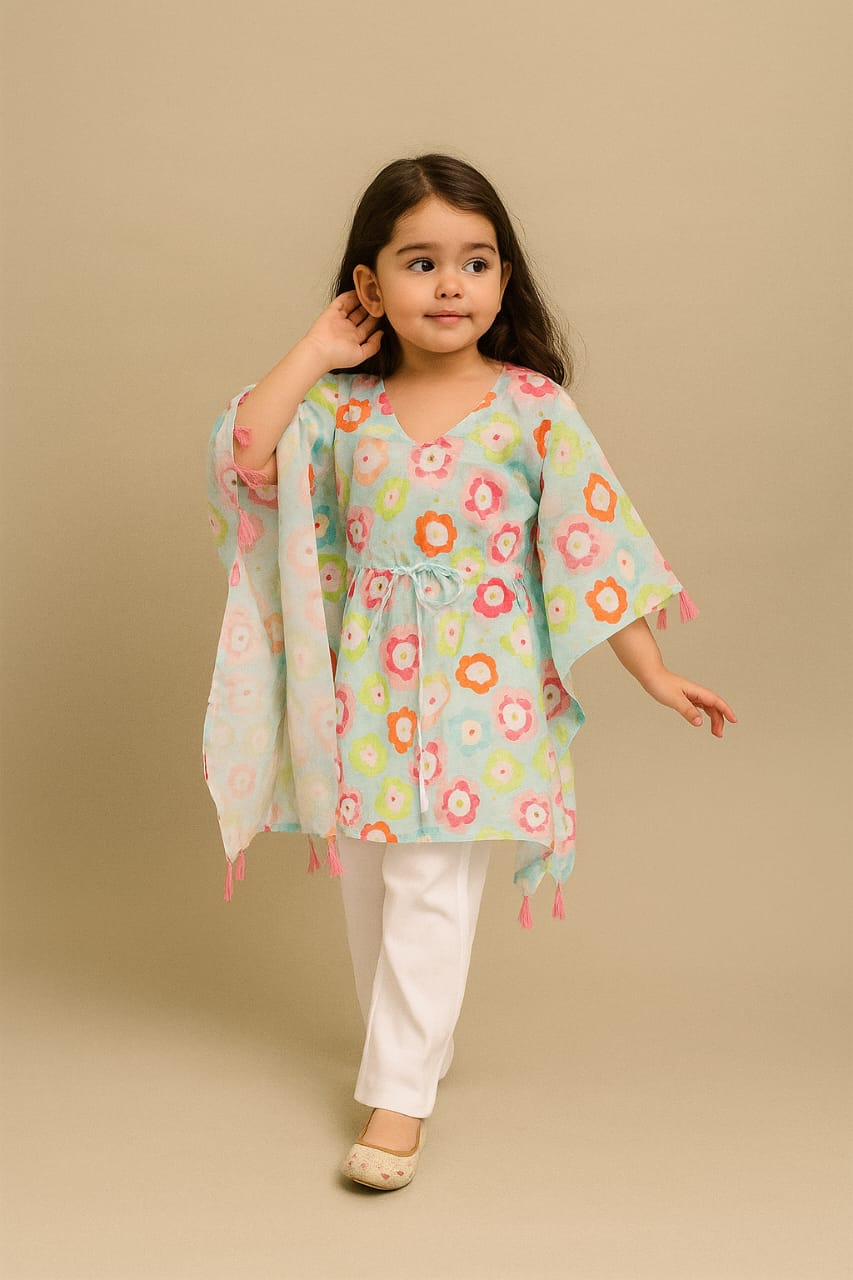 Pre Order: Multicolour Flower Printed Tassels Detailed Kaftan Coord Set