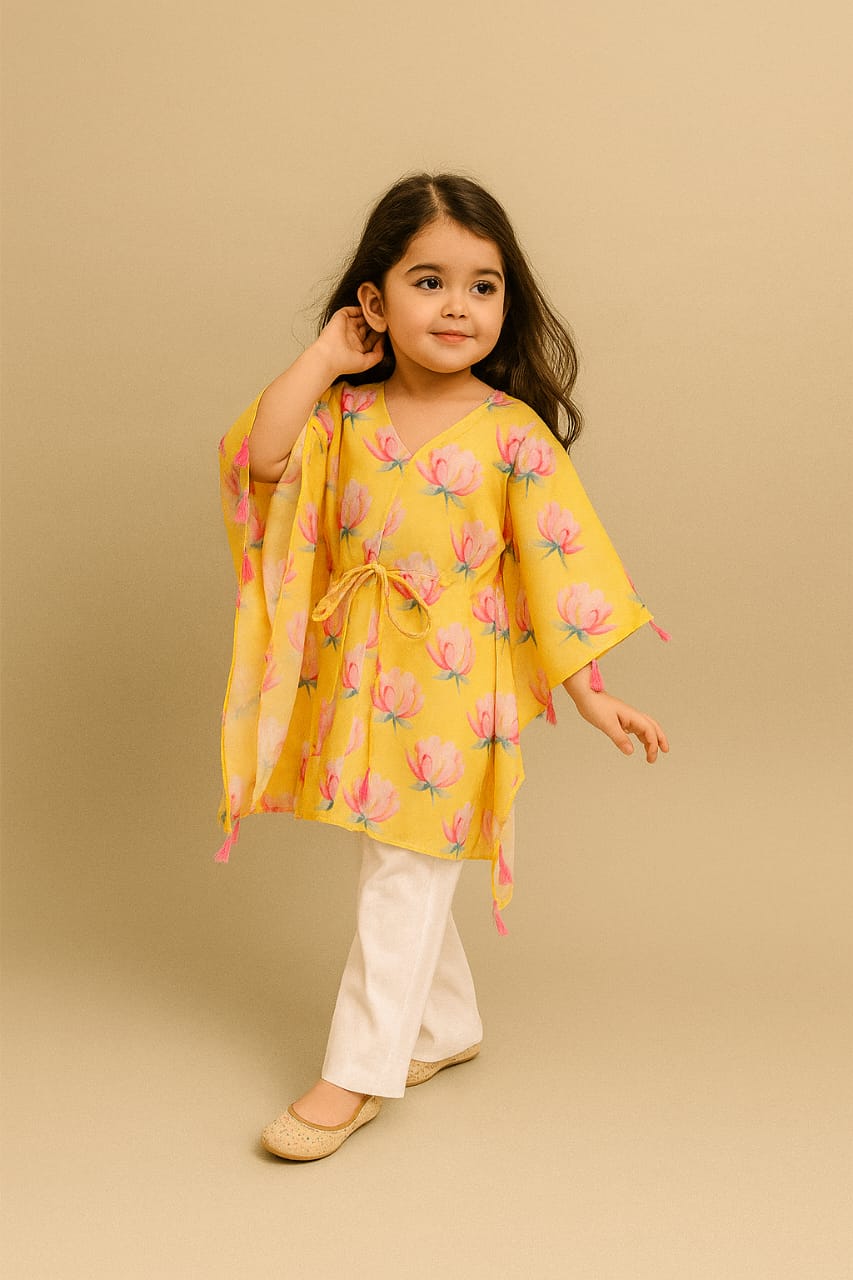 Pre Order: Lotus Printed Tassels Detailed Kaftan Coord Set