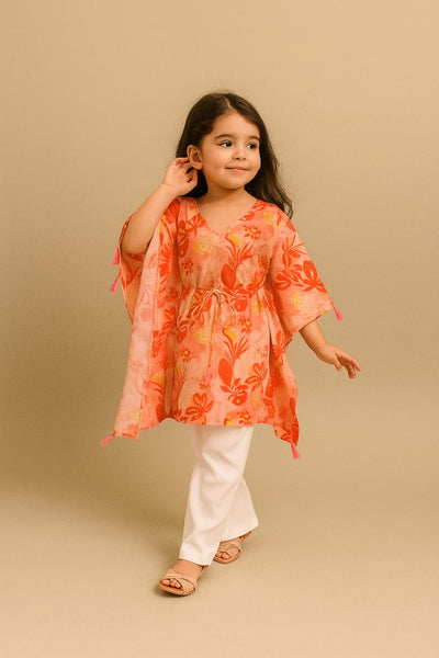 Pre Order: Shades of Red Flower Printed Tassels Detailed Kaftan Coord Set