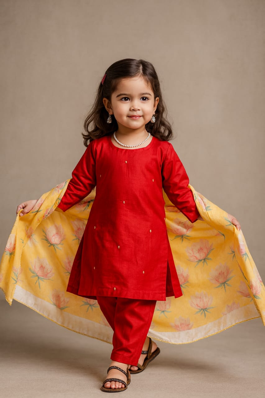 Pre Order:Tangy Tomato Embroidered Suit Set