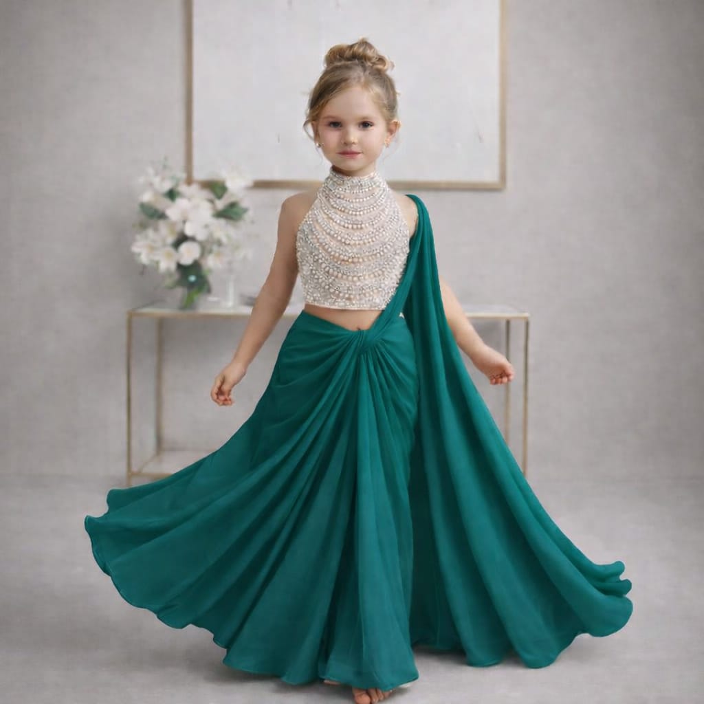 Pre Order: Rajkumari Pearl Rama Green Saree Set