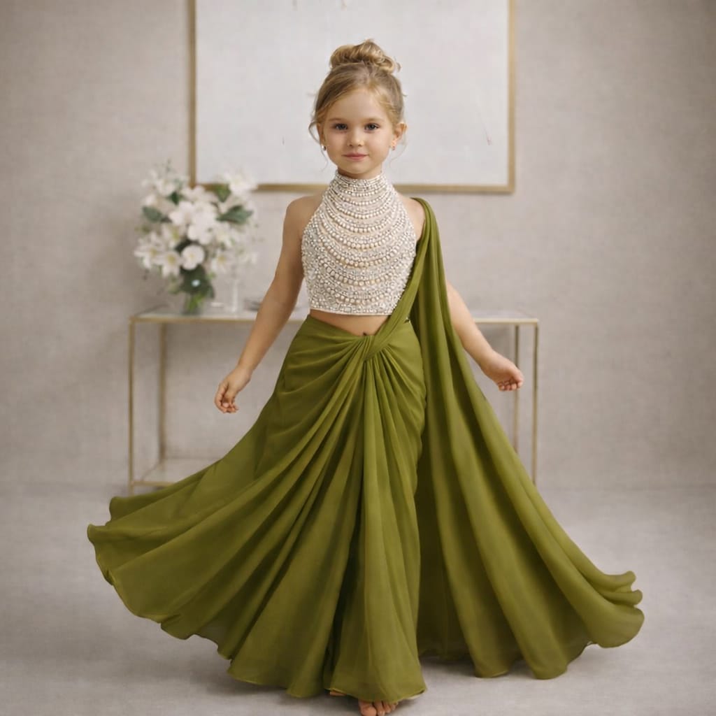 Pre Order: Rajkumari Pear Mehndi Saree Set