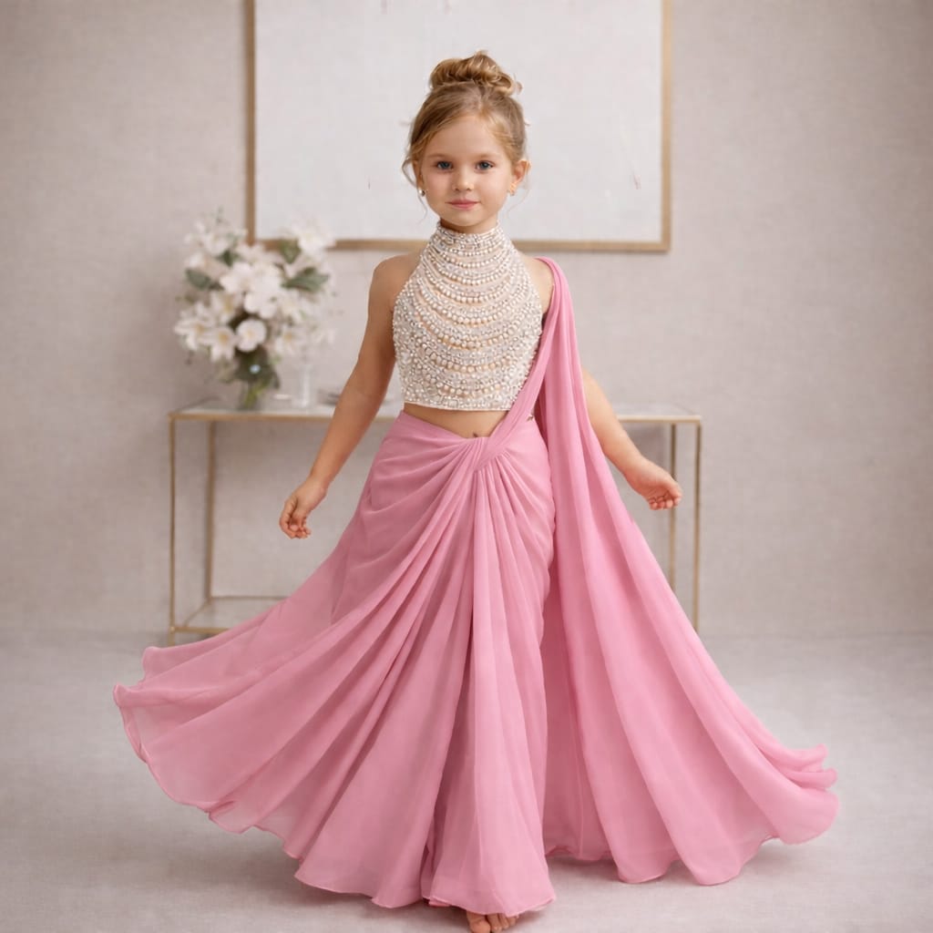 Pre Order: Rajkumari Pearl Pink Saree Set