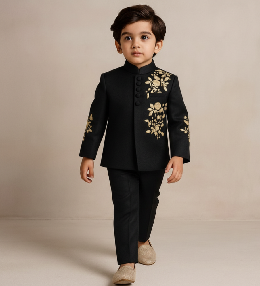 Pre Order: Black Sherwani With Embroidery And Pant