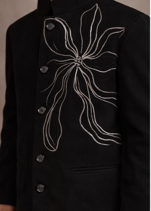 Pre Order: Classic Noir Embroidered Sherwani And Pant